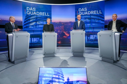 Olaf Scholz, Robert Habeck, Friedrich Merz et Alice Weidel participent à un débat télévisé, le 16 février 2025 à Berlin Olaf Scholz, Robert Habeck, Friedrich Merz et Alice Weidel participent à un débat télévisé, le 16 février 2025 à Berlin