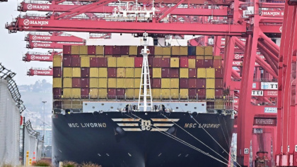Le porte-conteneurs MSC Livorno à quai dans le port de Long Beach, en Californie, le 5 mars 2025 Le porte-conteneurs MSC Livorno à quai dans le port de Long Beach, en Californie, le 5 mars 2025
