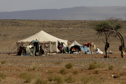 Tente nomade dans la réserve naturelle de M'Hamid El Ghizlane, aux portes du Sahara dans le sud du Maroc, le 13 avril 2025