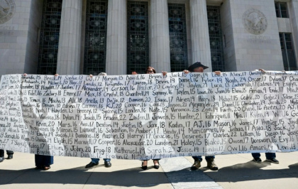 Des parents et des proches tiennent une banderole listant les noms des victimes devant la Cour supérieure de Los Angeles après le verdict du procès concernant les réseaux sociaux, le 25 mars 2026 en Californie - Frederic J. Brown (AFP)