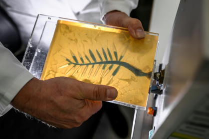 Un artisan injecte de la cire bleue dans un moule en caoutchouc lors d'une démonstration sur la fabrication de la Palme d'or de Cannes, le 21 avril 2026, dans un atelier de la maison Chopard à Meyrin, près de Genève - Fabrice COFFRINI (AFP)